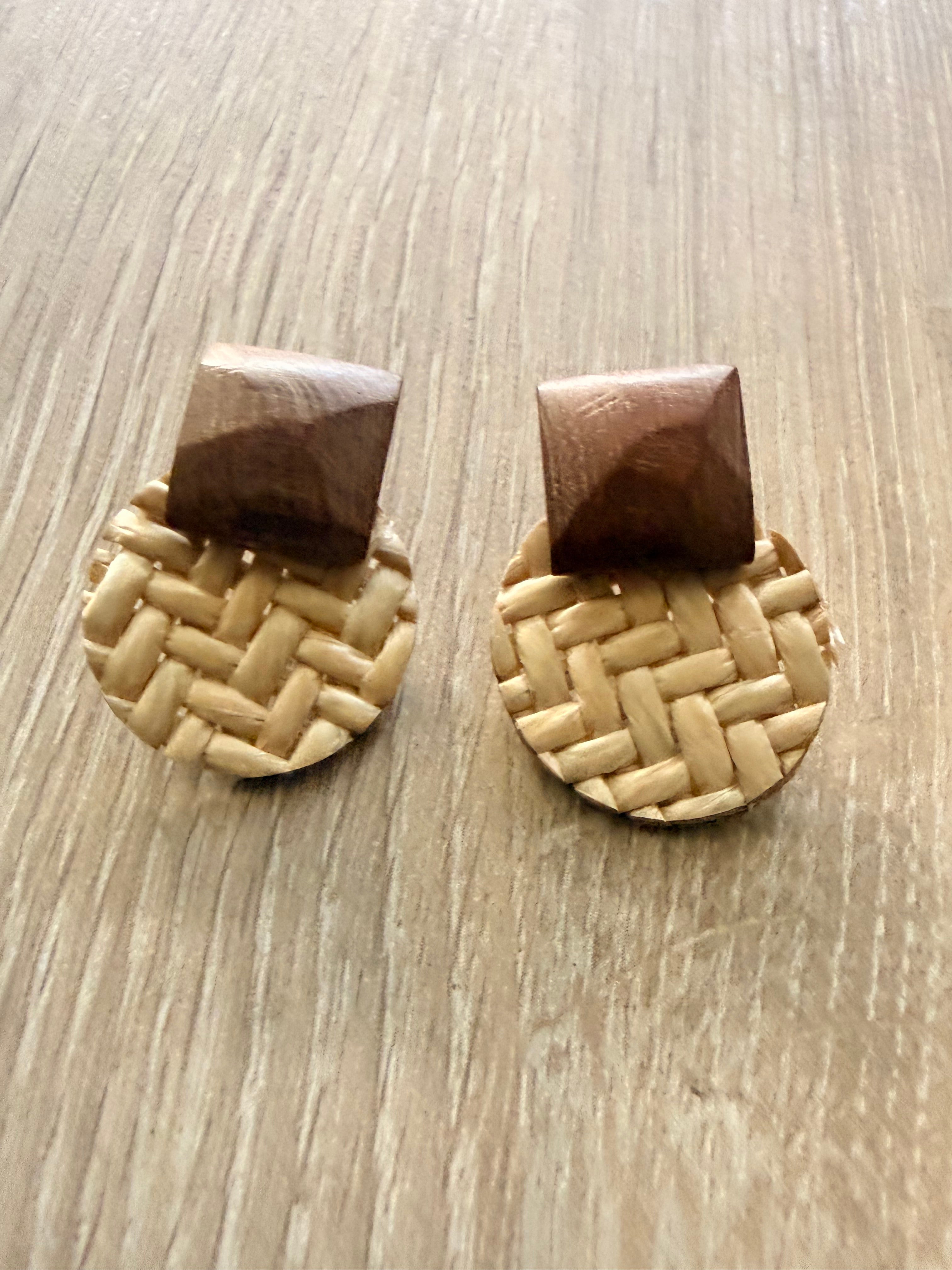 Dark Wood & Herringbone Rattan Disc Earrings
