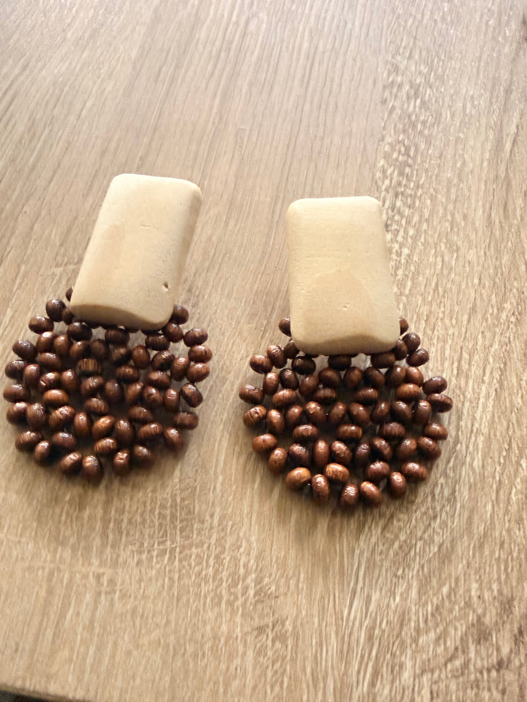 Ivory Resin & Wood Bead Cluster Earrings