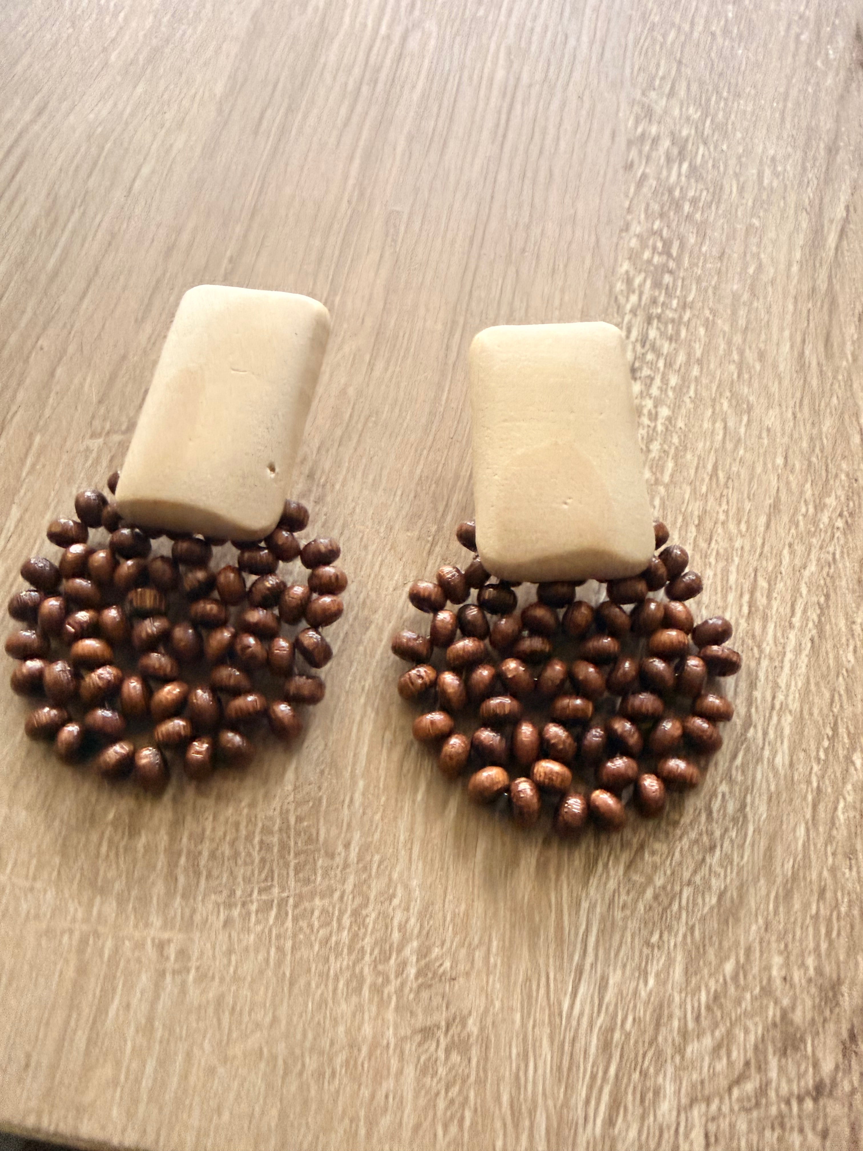 Ivory Resin & Wood Bead Cluster Earrings