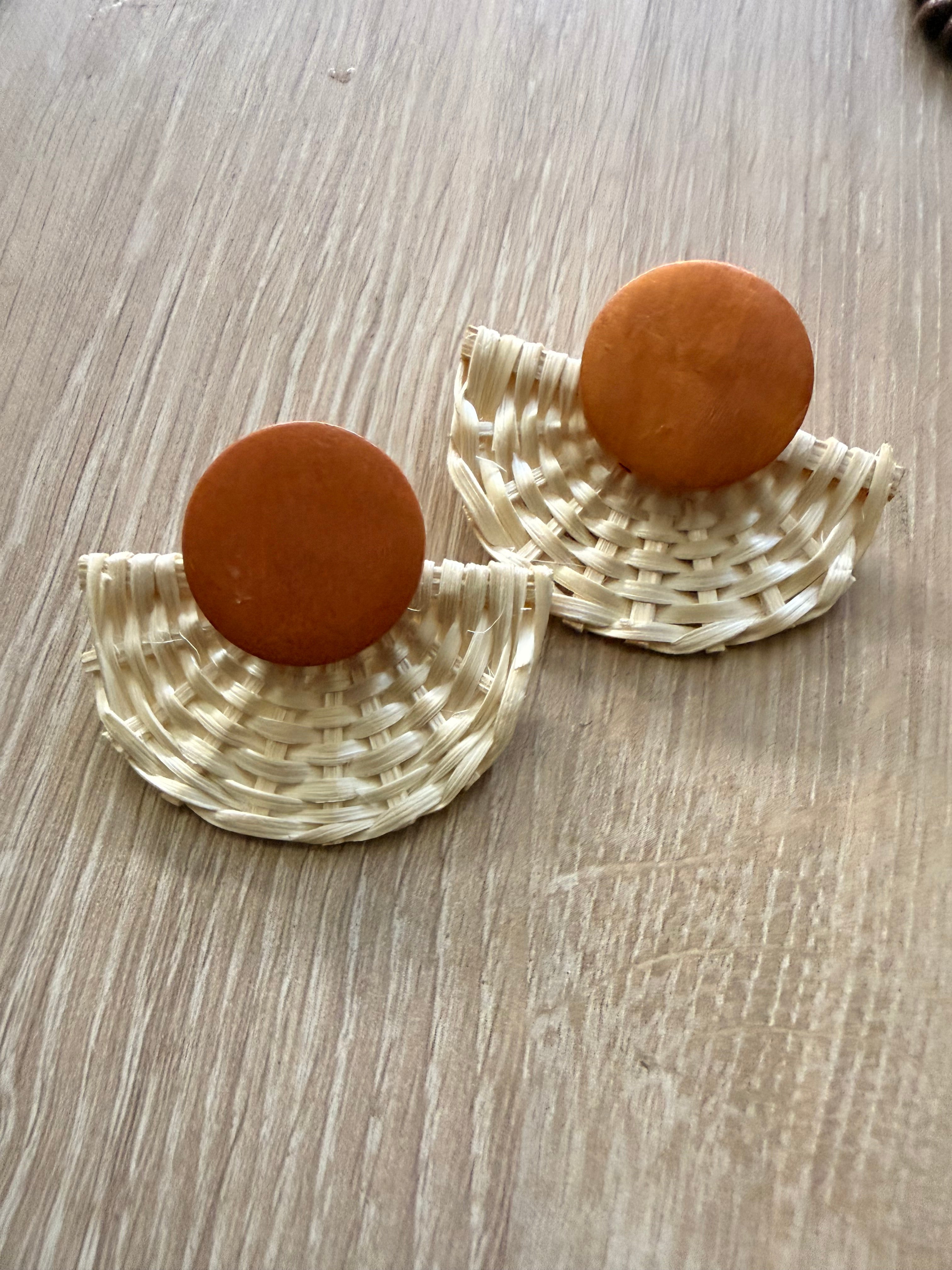 Terracotta & Woven Rattan Fan Earrings