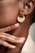 Dark Wood & Herringbone Rattan Disc Earrings