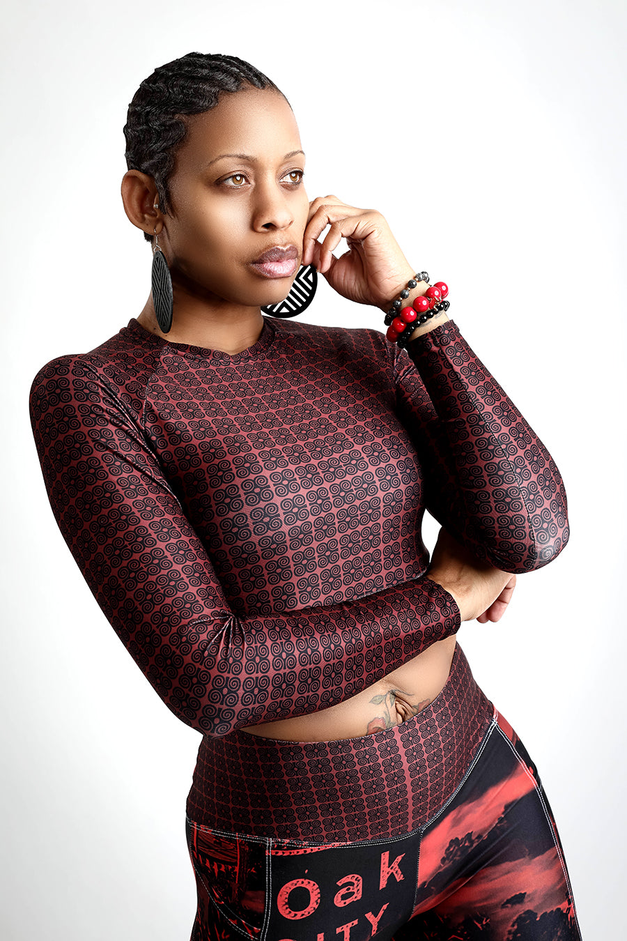 OCL Adinkra Power Black/Red long-sleeve crop top image 1